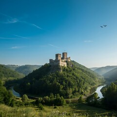 Naklejka premium Ancient castle perched on a lush green hillside under blue sky
