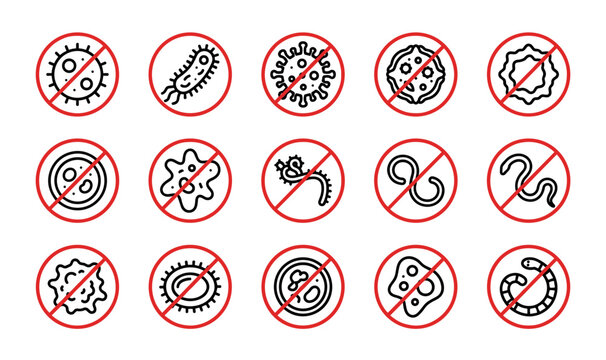  Antibacterial and Antiviral Prohibited Sign Vector Icon Set Featuring Bacteria Viruses Microbes Germs Parasites and Worms for Healthcare Sanitation Hygiene and Medical Designs