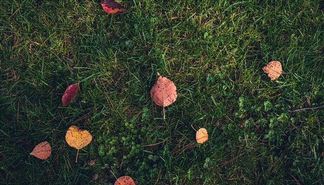 Top-down view of colorful autumn leaves scattered on green grass and clovers. This natural texture highlights the seasonal transition with warm earthy tones and fresh morning dew.
