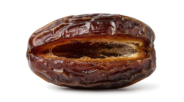 Fresh Medjool date fruit whole with glossy skin on bright white background for healthy snack