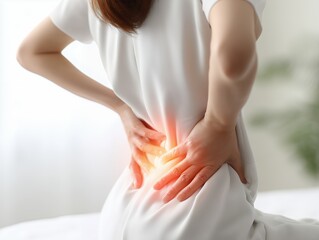 Obraz premium ベッドの上で腰を抑えて激しい腰痛やギックリ腰の痛みに耐える白い服を着た女性の背中