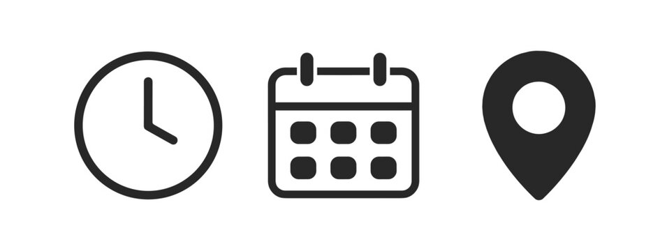 Time calendar and location icon set with clock date pin outline vector collection