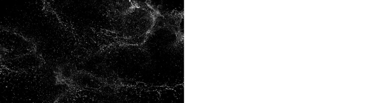 Water splash and mist spray on black and transparent background. Panoramic liquid droplets texture. Water burst overlay element