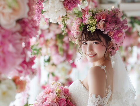 色鮮やかな花々に囲まれて幸せそうな笑顔を浮かべるウェディングドレス姿の美しい女性