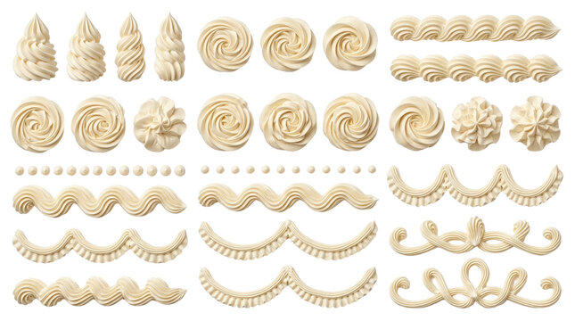 White buttercream frosting swirls and borders set. Vanilla whipped cream piping collection for cake decoration. Sweet icing swirls on white background.