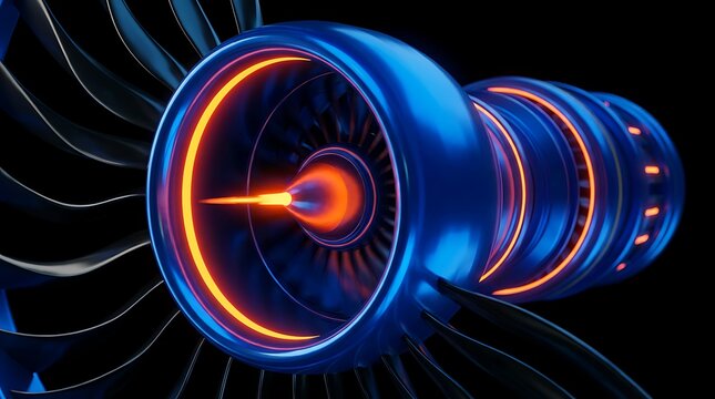 Detailed view of a futuristic blue jet engine with internal orange glowing sections and fan blades, representing advanced engineering and power.