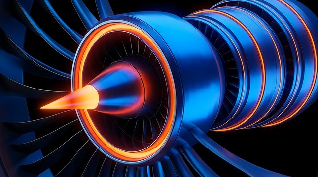 Close-up of a powerful jet engine nozzle emitting a bright orange flame, with intricate blue metallic turbine details for concept art.
