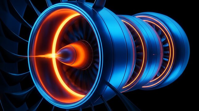 Side view of a powerful jet engine with glowing orange core and detailed blue turbine blades, symbolizing advanced technology and speed.