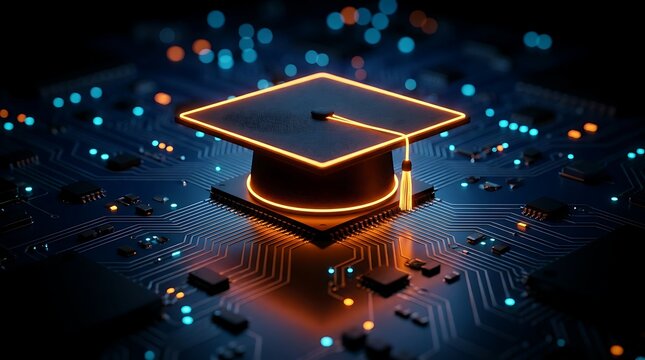 Square academic hat rests on sophisticated microchip with golden pathways reflecting digital advancement in global university studies and technical training.