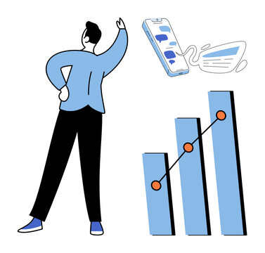 Man looking at a rising bar chart and smartphone with chat bubbles vector illustration. Data analysis, digital marketing, business growth, mobile communication, strategy, success. Person observing
