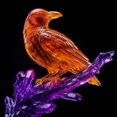 Naklejka premium Translucent Amber Jelly Raven on Purple Crystal Branch