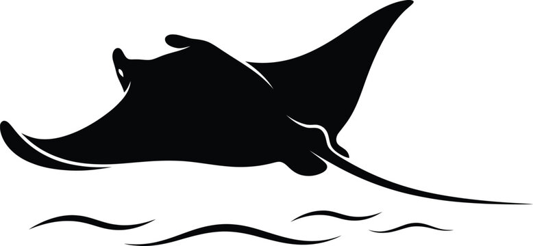 Black silhouette of a manta ray swimming above stylized waves stingray white
