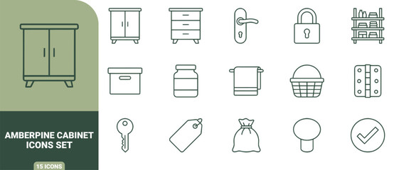 Fototapeta premium Amberpine cabinet icons set featuring thin line of furniture, storage, and household in green and white
