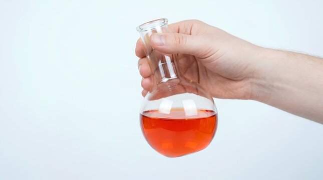 Scientist Hand Holding Glass Boiling Flask with Orange Liquid Chemical Laboratory Concept