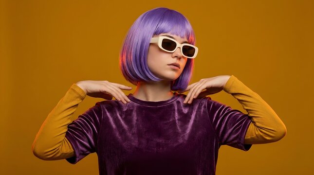 Stylish young woman with purple bob hair wearing trendy sunglasses poses against warm golden yellow background