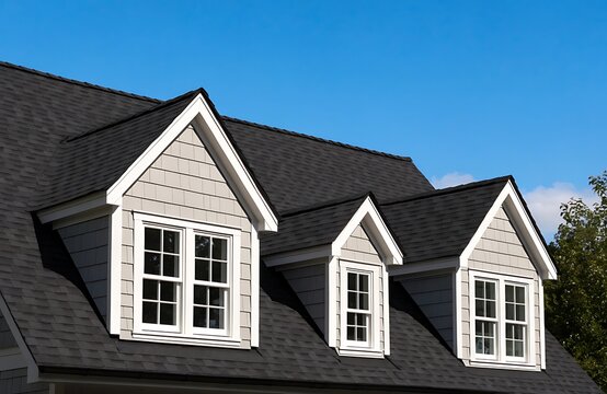 Modern house roof with dormer and dark asphalt shingles against a clear blue sky real estate peaked roof white trim