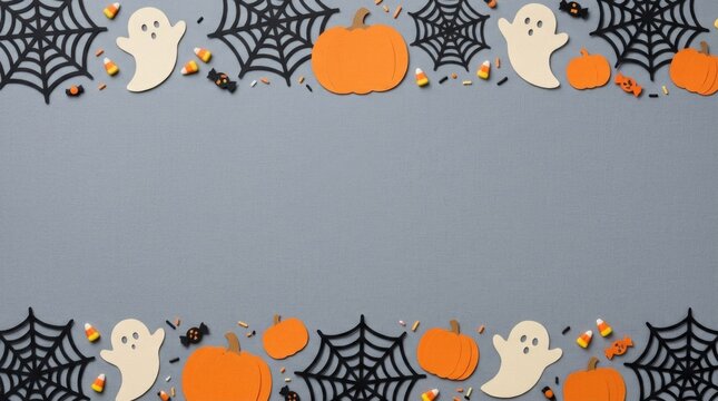 Festive halloween background with cute ghosts pumpkins and spider webs on a grey copy space surface