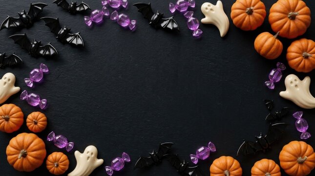 Top view of a festive halloween background featuring pumpkins ghosts and purple confetti on black