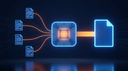 Fototapeta premium Data input from multiple files into processor and outputting one unified digital document, representing information processing and system integration.