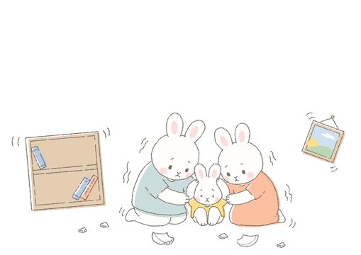 地震発生時に身を守る家族・親子｜防災・災害イラスト