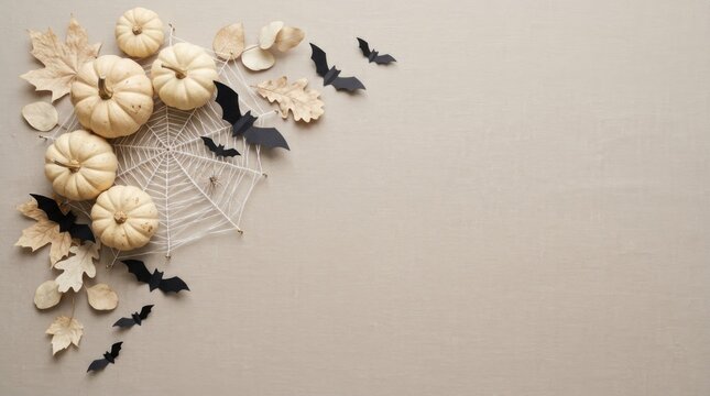 Minimalist white pumpkin halloween background with flying paper bats and autumn leaves on grey surface