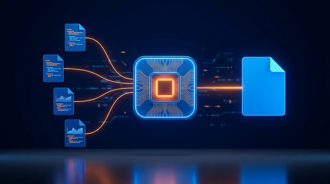 Abstract digital concept of data transformation from multiple documents into a single report via central processing unit with glowing elements.