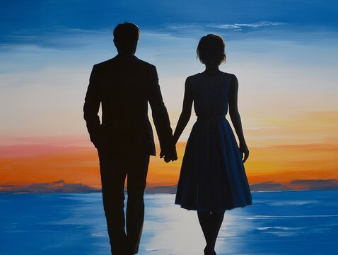 夕焼けが広がる美しい海辺を背景に手をつなぎ歩くスーツ姿のビジネスマンとドレスの女性