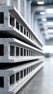 Stacked industrial precast hollow-core concrete slabs in a spacious warehouse with blurred background lighting and structural beams