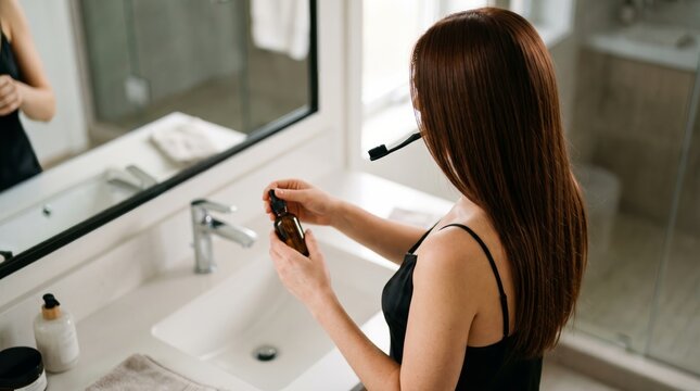 Woman applying serum while brushing teeth in bathroom mirror