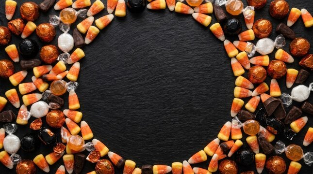 A festive halloween background featuring a circular frame of colorful candy corn and sweet treats