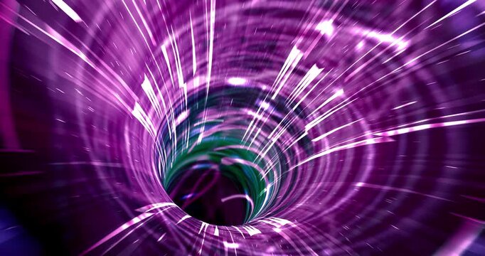 High speed digital data wormhole tunnel with glowing neon lines and particle effects loop background. 4K 3D Animation.