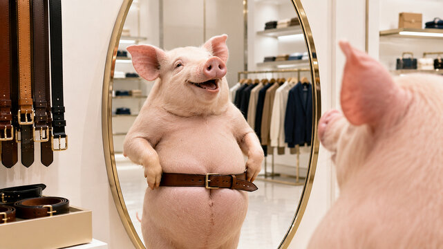Pig trying on belt in clothing store mirror as funny fashion and sizing concept