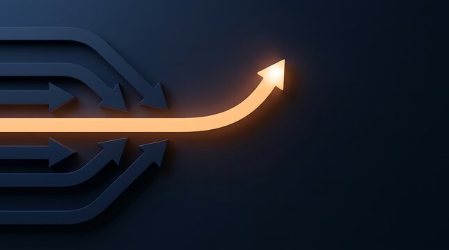 Multiple dark arrows merging into one bright orange arrow showing success direction and leadership over dark background.