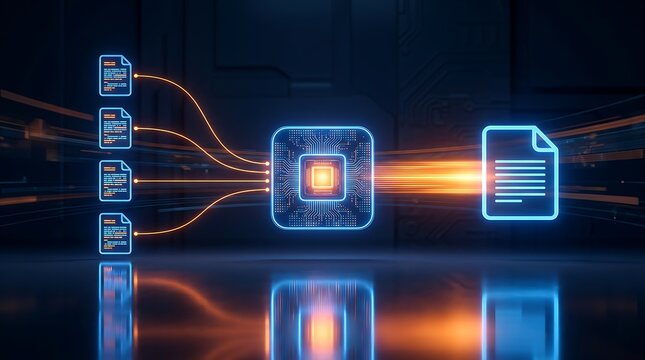 Digital data processing through a central processor connecting multiple documents to one output file for analysis and transformation.
