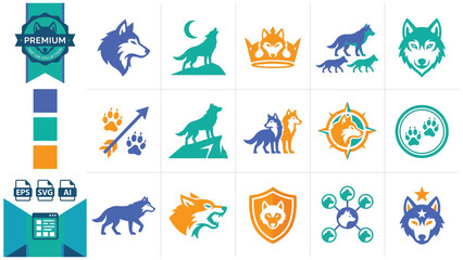 Fototapeta premium Wolf silhouette and paw print icon set with compass and crown, silhouette