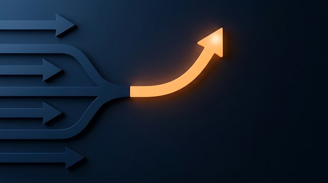 Multiple dark arrows merging into one bright orange arrow showing success direction and leadership over dark background.