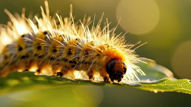 Macro photograph of a fluffy caterpillar with sharp bristles walking on a green leaf during golden hour with bokeh background