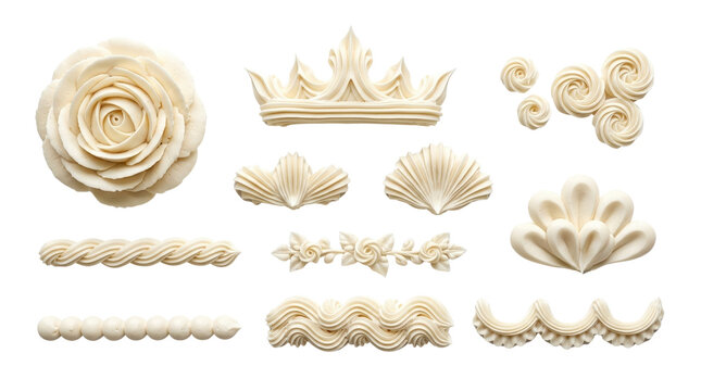 Vintage white frosting borders and cake decorations, set of 12 buttercream icing elements, elegant floral and crown piping designs