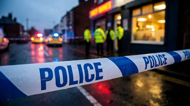 Police cordon tape securing a crime scene at night with flashing patrol lights and officers