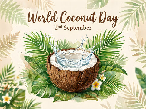 World coconut day illustration with splashing coconut and tropical foliage