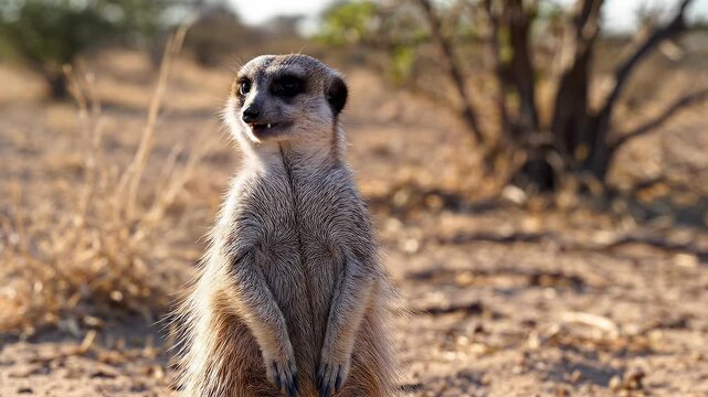 Meerkat standing alert in arid savanna during golden hour with shallow depth of field