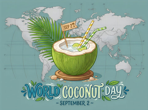 World coconut day illustration with tropical drink and world map background
