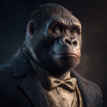 Close-up Portrait of an Anthropomorphic Gorilla in Formal Attire with Suit and Bow Tie