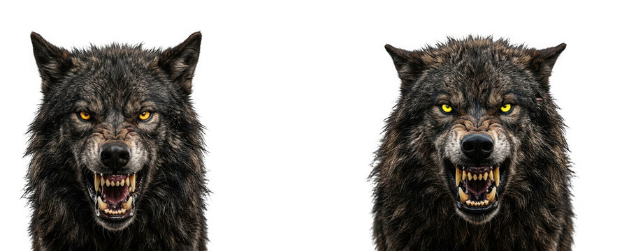Two aggressive wolves with yellow eyes snarling and showing teeth isolated on transparent background
