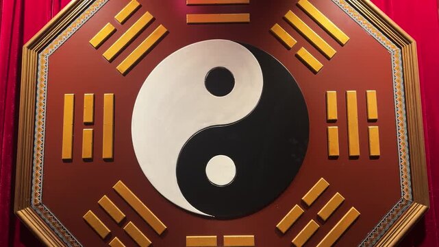 Yin yang symbol on a bagua mirror. Taoist temple wall decoration with trigrams. Traditional chinese religious art for meditation, spirituality and feng shui decor.