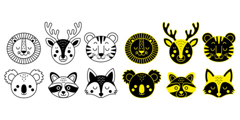 Obraz premium Collection of cute animal faces featuring stylized vector illustrations of wild creatures presented in bold black and yellow color palettes