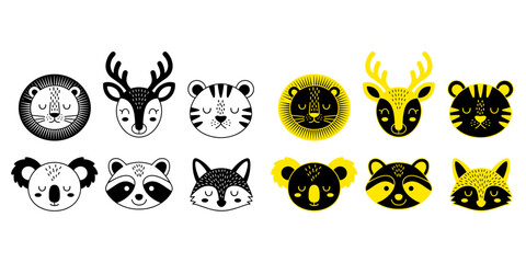 Fototapeta premium Adorable animal heads collection featuring stylized geometric faces of forest creatures in bold black and vibrant yellow vector graphic design