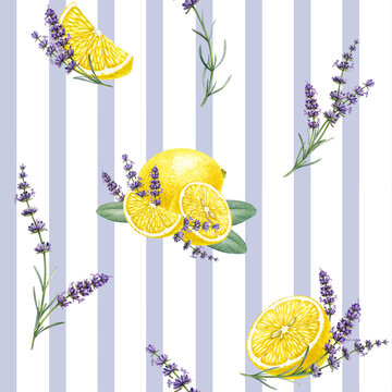 Lemon and lavender watercolor illustration seamless pattern, hand painted pattern for wallpaper, fabric, textile, packaging, stationery, kitchen decor, branding and home decor.