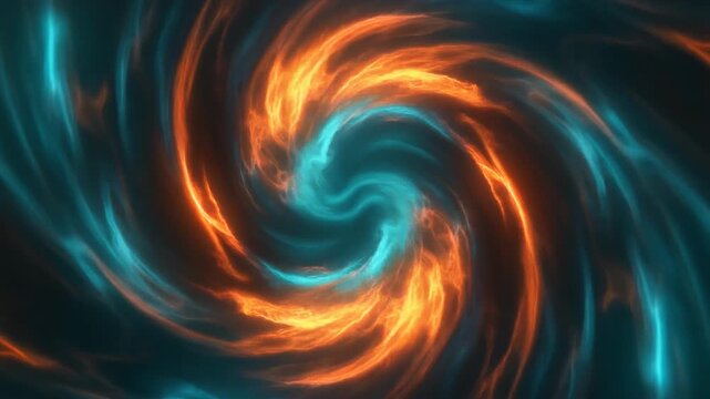 Vivid cyan and orange plasma energy swirls and twists in a slow, hypnotic seamless loop against a dark background, with fiery glowing edges &mdash; perfect for tech, gaming, science visuals.