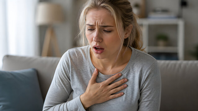 Young woman experiencing shortness of breath on a couch with soft indoor lighting conveying distress
